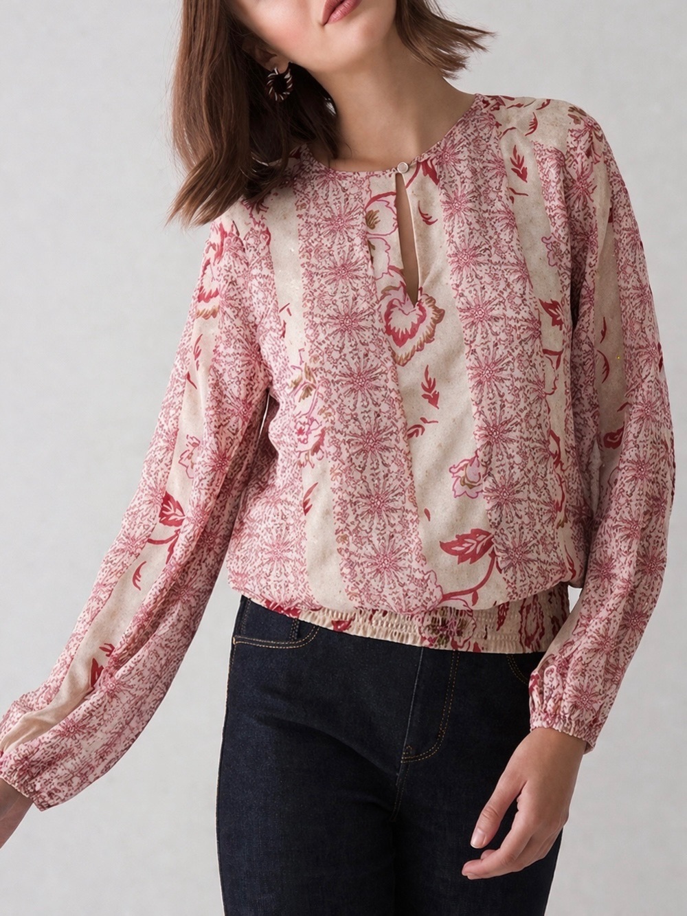 Romantic Boho Fairy Blouse Pink Floral Keyhole Smocked Top Cottagecore M